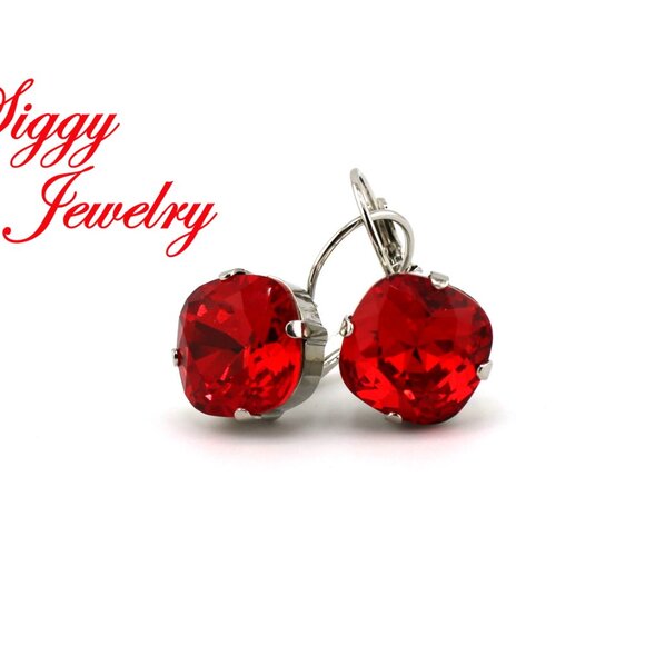 Light Siam 12mm Cushion Cut Drop Earrings made with Swarovski Crystals - Picture 4 of 6